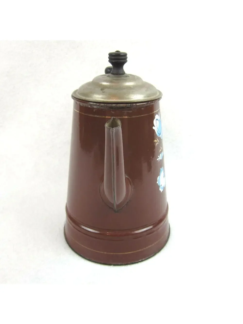 Antique Enamelware Coffee Pot Boiler Brown & Blue Flower Floral Lid Handle RARE